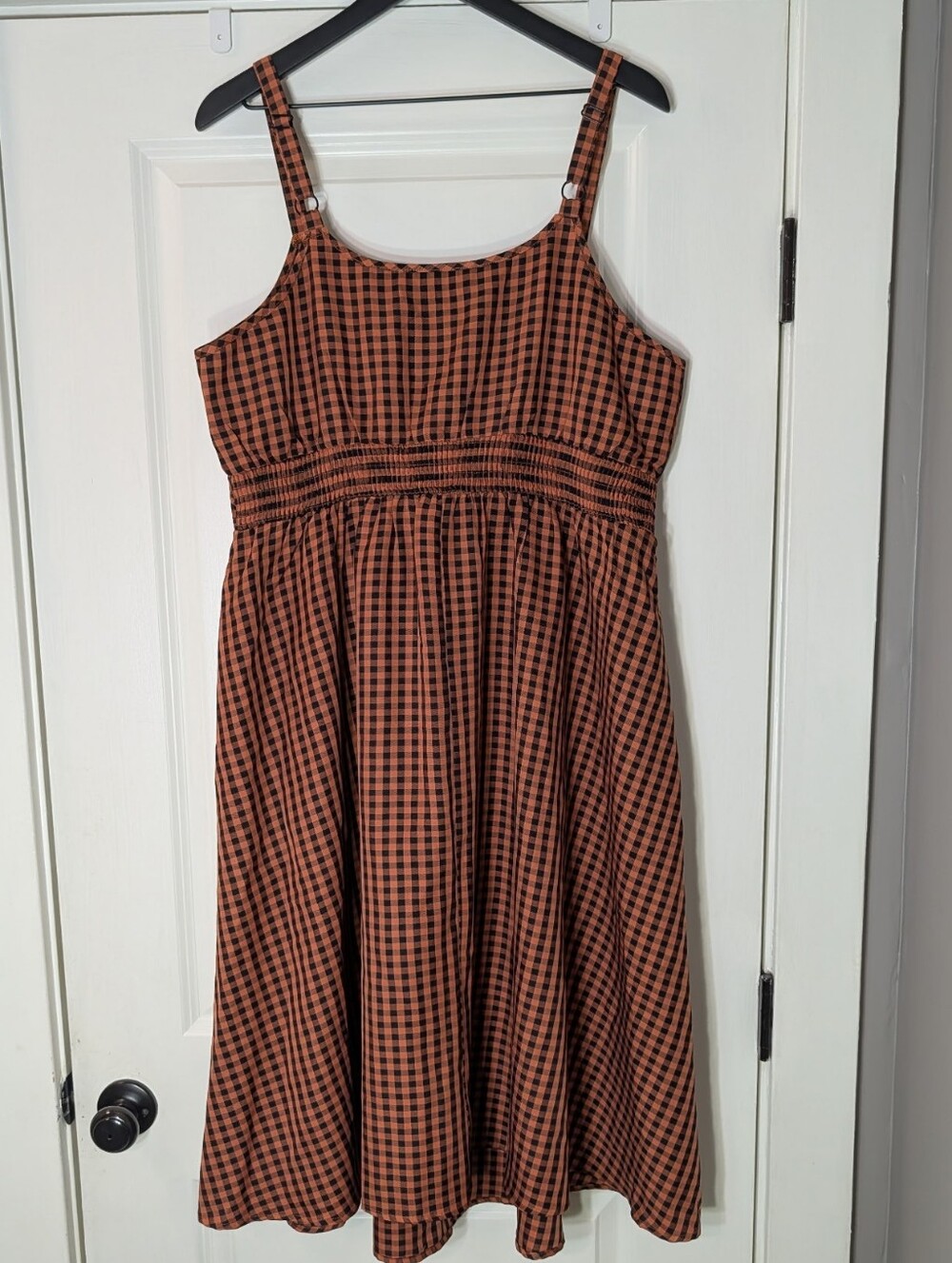 BloomChic Brown and Black Gingham Smocked Midi Dress - Picture 3 of 5